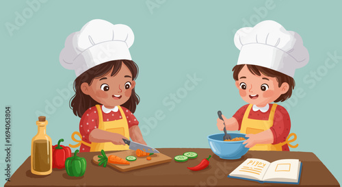 Two happy children learning to cook in the kitchen together.