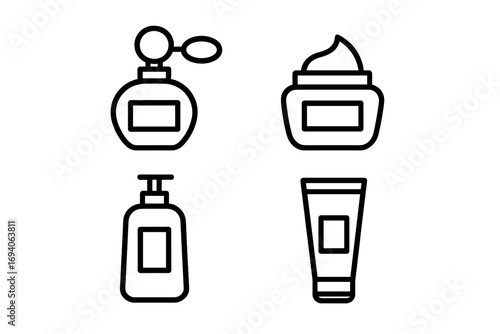 Cosmetic line icons collection. Beauty products outline set for skincare, spa and salon. Vector symbols of perfume, cream, shampoo, soap and gel for web, app design.