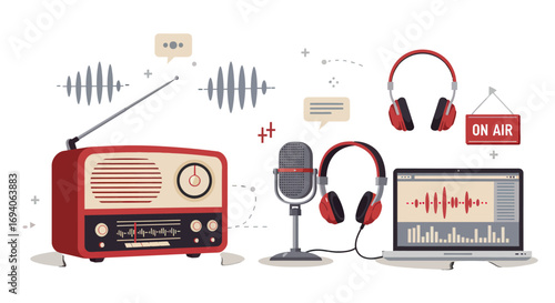 Vintage radio broadcasting equipment with microphone and headphones.