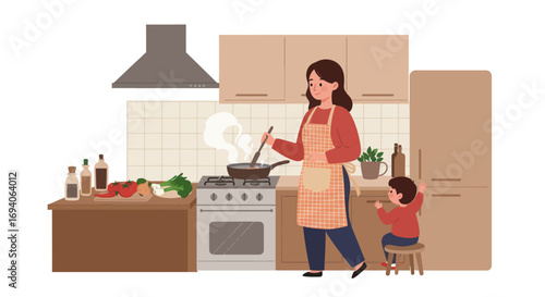 Woman cooking in kitchen with child observing family meal preparation.