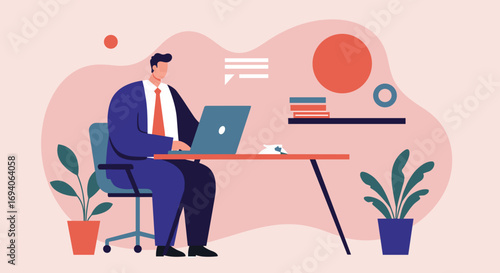 Professional businessman working diligently on his laptop at a modern office desk, embodying productivity and digital work concepts for business and remote careers.