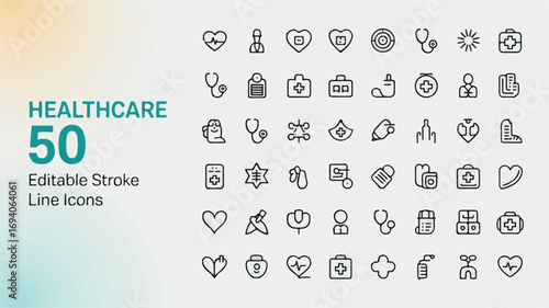 Comprehensive Collection of 50 Editable Stroke Line Icons for Healthcare Professionals, Featuring Medical Staff, Equipment, and Wellness Symbols