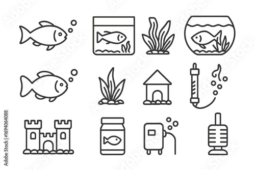 Aquarium fishkeeping line icon set. Pet shop aquatics items. Vector linear pictogram collection of fish, tank, bowl, filter, pump, heater, food, plant, and decor.