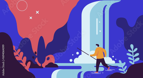 A lone man embarks on a journey through a vibrant, stylized natural landscape with a majestic waterfall, symbolizing exploration and overcoming challenges.