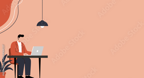 Professional man working remotely on a laptop at a modern desk. Ideal for concepts of remote work, online education, business, productivity, and modern lifestyle.