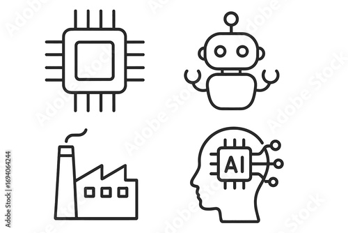 Technology and innovation line icon set. Includes robot, AI in head, factory, and processor chip symbols. For concepts like automation, industry 4.0, and smart tech.