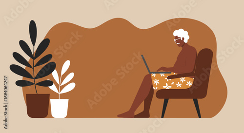 Elderly man comfortably working on a laptop from home, embodying modern retirement, remote work, and a digital lifestyle. Ideal for technology, lifestyle, and business concepts.