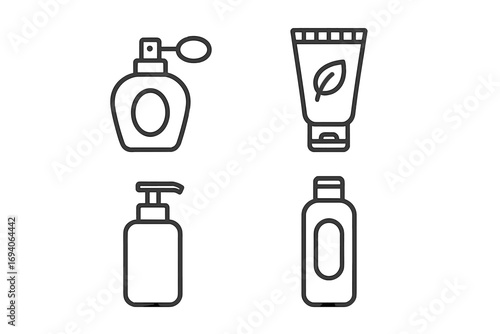 Cosmetic bottles line icon collection. Perfume, cream, shampoo, gel outline signs. Skincare packaging vectors for graphic and web design, apps, and branding.