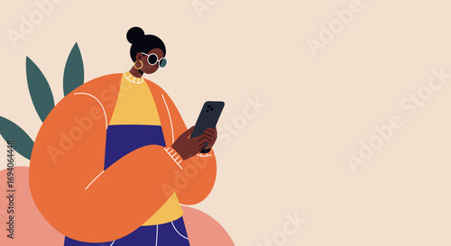 Modern woman in sunglasses uses her smartphone for communication, social media, or online browsing, reflecting contemporary lifestyle and digital connection.