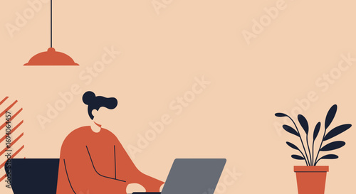Illustration of a person working remotely on a laptop in a cozy home office setting. Represents productivity, online learning, and modern flexible work-life balance.