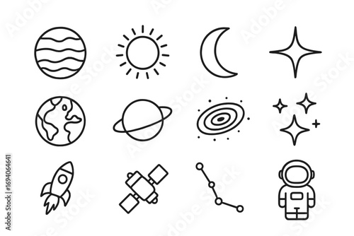 Cosmos thin line icon set. Space collection with planet, sun, moon, earth, saturn, galaxy, rocket and astronaut. Astronomy science vector outline symbols for web design.