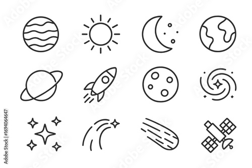 Cosmos thin line icon set. Planet, sun, moon, stars outline signs for graphic and web design. Space exploration, astronomy vector symbols. Rocket, satellite, galaxy.
