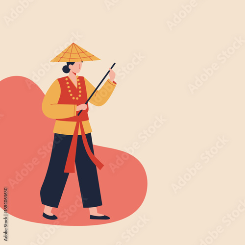 Woman in traditional Asian costume with conical hat (nón lá) holding a stick, symbolizing culture, travel, and heritage. Ideal for travel or lifestyle content.