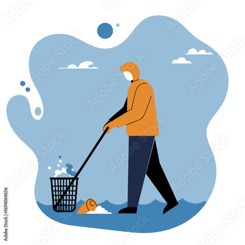 Dedicated person actively cleaning water, collecting trash to reduce pollution. Highlights environmental conservation, sustainability, and community efforts for a healthier planet.
