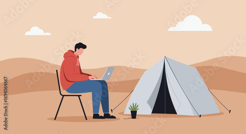 Man works remotely on a laptop beside his tent in a peaceful desert setting, illustrating modern flexible work and travel.