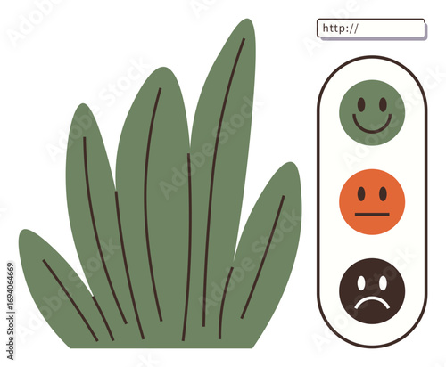 Grass blades beside a browser bar showing a green happy, orange flat face, and brown sad face. Ideal for sustainability, feedback, eco-awareness, online reviews, customer experience, environmental