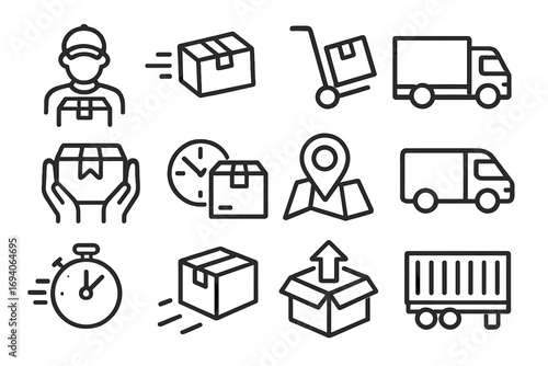 Delivery service and shipping icon set. Logistics, transport, cargo, and parcel icons. Courier, truck, fast shipping, package tracking for apps and web design. Vector line art.