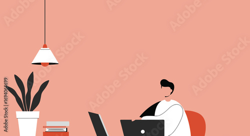 A man works on a laptop in a modern home office, showcasing remote work, online learning, and digital productivity. Ideal for business and lifestyle concepts.