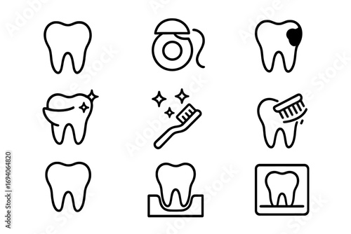 Dentistry line icon set. Dental care outline symbols. Tooth, toothbrush, floss, caries, x-ray. Oral hygiene, teeth cleaning, brushing, whitening. Stomatology vector pictogram pack