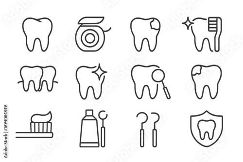 Dentistry line icon set. Dental care, oral hygiene concepts. Tooth, caries, floss, toothbrush, toothpaste, braces, cleaning, protection vector outline signs. Stomatology.