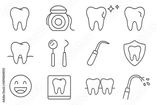 Dentistry line icon set. Vector outline symbols for dental care, hygiene, and tooth treatment. Includes caries, floss, dentist tools, x-ray, smile. For web and apps.