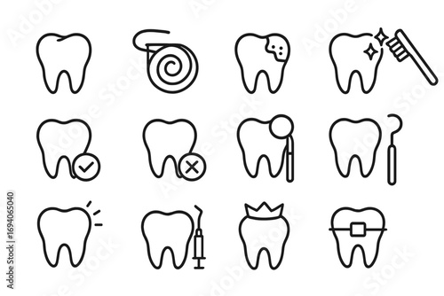 Dentistry and dental care thin line icon set. Teeth, caries, floss, cleaning, crown, braces, and dentist tools. Oral hygiene and orthodontics concept vector icons.
