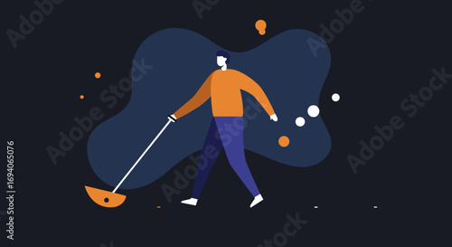 A visually impaired person confidently navigating using a white cane, symbolizing independence, assistance, and overcoming challenges. Represents accessibility, support, and inclusive living.
