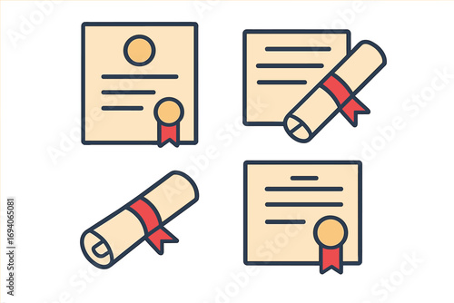 Diploma and certificate vector icon pack. Minimalist education and graduation award symbols. Set includes scroll, document, and seal pictogram for web, apps and graphics.