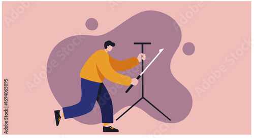 A man performs a professional survey or measurement using specialized equipment in a modern, abstract setting. Represents precision, engineering, and technology.