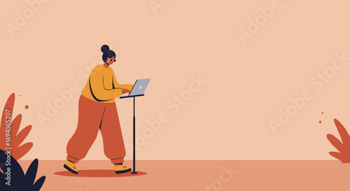 A focused individual works on a laptop at a standing desk, embodying remote productivity, modern lifestyle, and technology. Ideal for business and learning concepts.