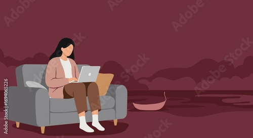 Woman working remotely on a laptop from the comfort of her sofa, embodying productivity and flexible lifestyle. Ideal for business, tech, or home office concepts.