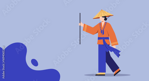 Person in traditional Asian attire and conical hat, holding a stick, symbolizing cultural heritage, travel, and authentic traditions.