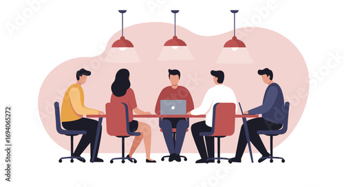 Diverse business team collaborating in a modern office meeting room. Ideal for concepts of teamwork, strategy, discussion, corporate training, and professional development.