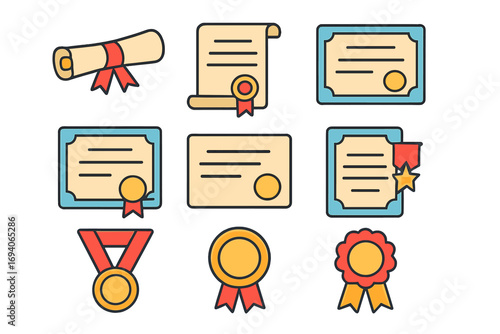 Diploma certificate and award medal icon set. Filled color outline vector collection for graduation and achievement. Minimal linear pictograms for web design, apps, and graphics.