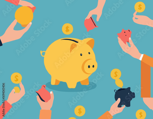 People putting savings in piggy bank vector illustration
