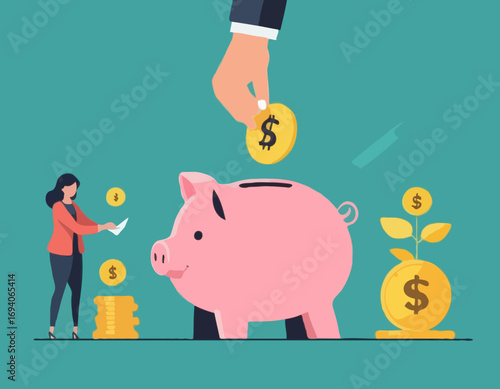 People putting savings in piggy bank vector illustration
