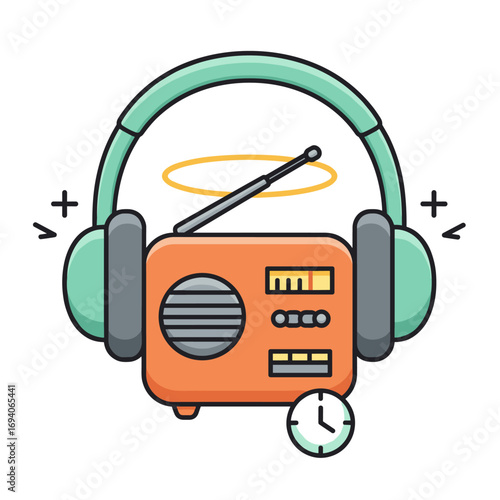Orange retro radio with headset and alarm clock