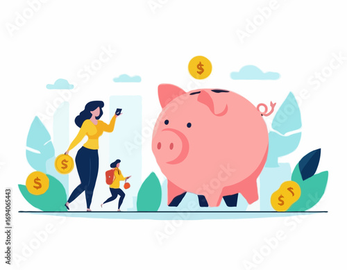 People putting savings in piggy bank vector illustration