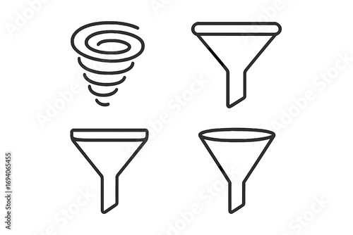 Filter line icon set with vortex and funnel outline signs. For graphic and web design, data sorting, sales funnels, conversion processes, apps, and marketing materials.