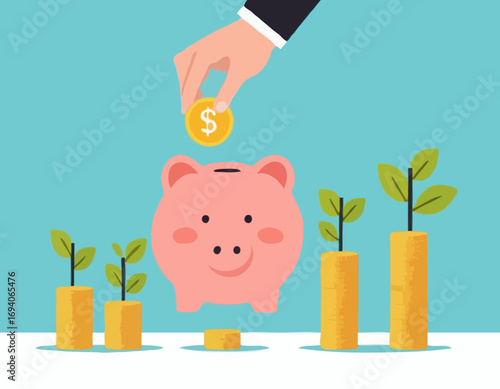 People putting savings in piggy bank vector illustration