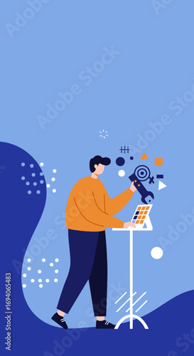 Man optimizing or developing a project, utilizing tools and a calendar. Ideal for concepts of strategy, planning, business solutions, and technical support.