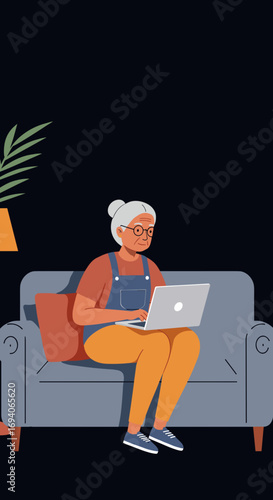 Elderly woman happily using a laptop while sitting comfortably on a sofa at home. Represents modern seniors staying connected and digitally literate for lifestyle, leisure, or communication.