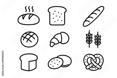 Bakery and bread outline web line icons collection. Minimalistic linear pictogram set for graphic design, apps, and websites. Vector symbols of loaf, baguette, croissant, pretzel.