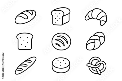 Bakery and bread outline web line icons collection. Minimalistic linear pictograms of loaf, toast, croissant, baguette, and pretzel for a food app, menu, or website design.