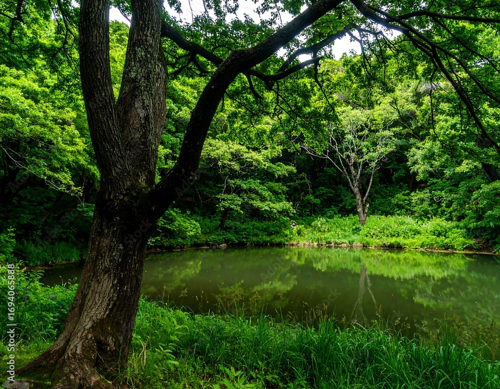 Obraz premium Lush forest reflects in a tranquil pond