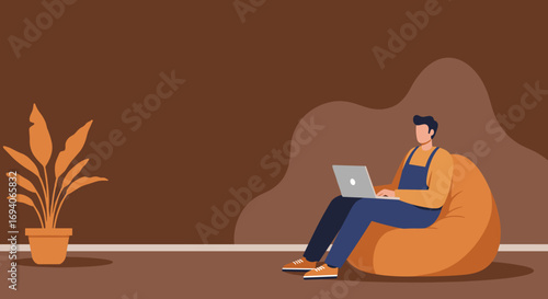 A person comfortably works on a laptop while sitting on a bean bag at home, illustrating flexible remote work and modern lifestyle concepts.