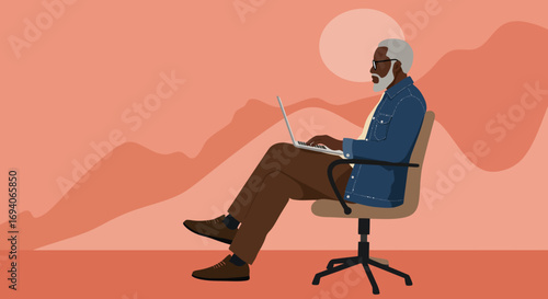 Experienced Black man focused on his laptop, working remotely or enjoying digital leisure amidst an abstract, warm landscape. Modern productivity.
