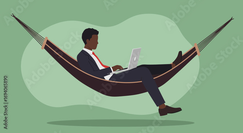 Professional man in a suit relaxes in a hammock while working on a laptop, symbolizing remote productivity, work-life balance, and flexible modern business.