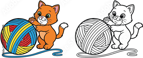 Cute Orange Kitten Playing with Colorful Yarn Ball – Cartoon Illustration for Kids Coloring and Design