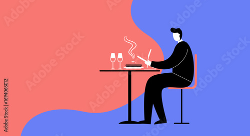 Elegant illustration of a person dining at a table with wine glasses, a steaming meal, and dessert, symbolizing a special occasion or fine dining experience.